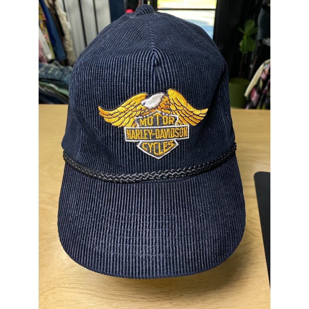 Harley Davidson Motorcycles Corduroy Hat Snapback Rope 80s 90s Logo VTG